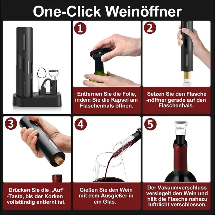 Senmudi Korkenzieher Elektrischer Weinöffner-Set, Wiederaufladbares 6-in-1,Nur 6 Sekunden, (mit Ladestation, Folienschneider, Weinausgießer und Vakuum-Weinstopfen, 6 tlg, Weinöffner-Geschenkset mit USB-Ladekabel Geschenk für Weinfreunde), Geeignet für ... – Bild 3