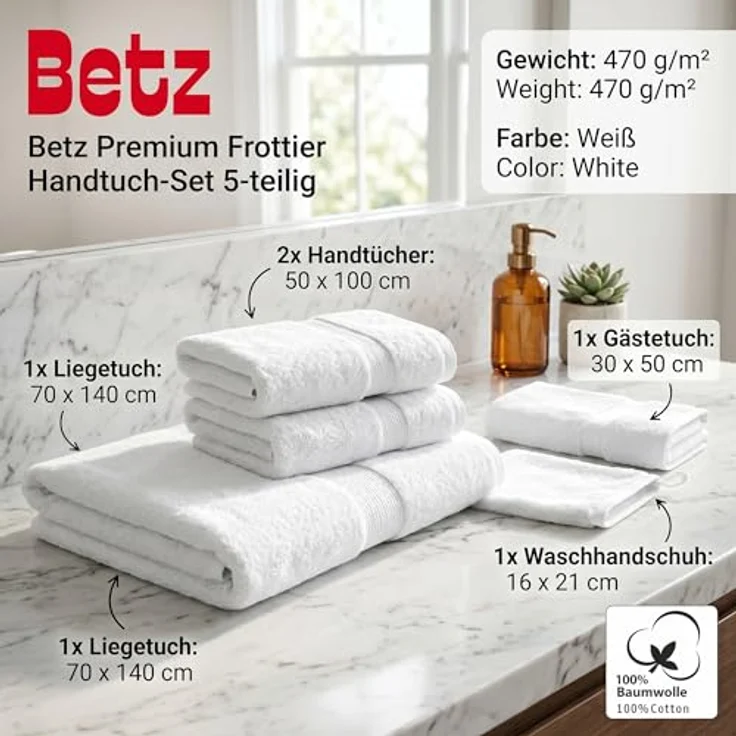 Betz Handtuch Set 5-TLG. Premium 1 Duschtuch 2 Handtücher 1 Gästetuch 1 Waschhandschuh, 100% Baumwolle – Bild 3
