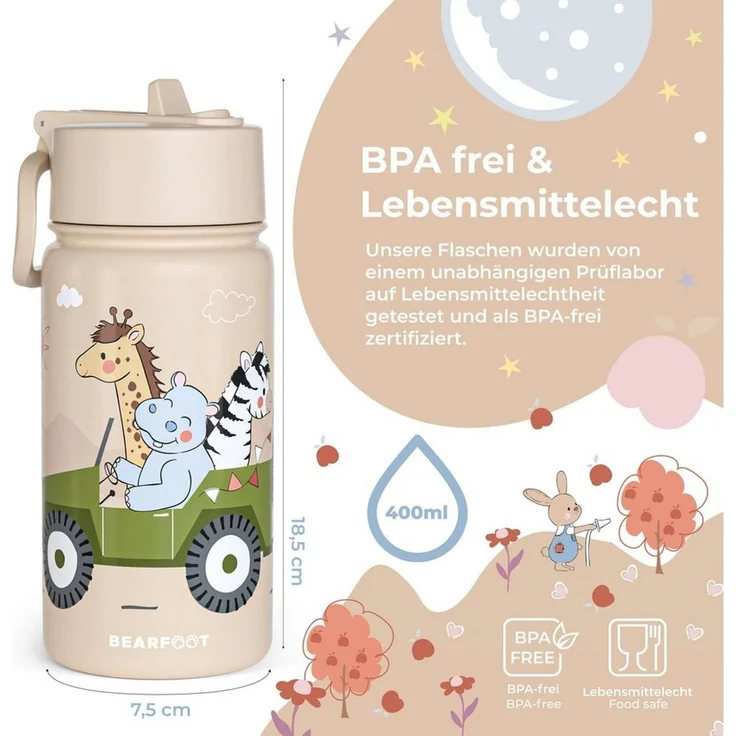 BEARFOOT Trinkflasche Thermo Kinder Trinkflasche Edelstahl - Safari braun, Thermosflasche, auslaufsicher, Edelstahl, Kinderflasche, BPA-frei – Bild 3