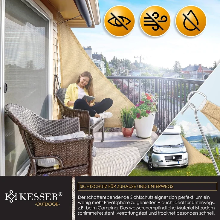 KESSER® Sonnensegel Sonnenschutz Windschutz Inkl. Befestigungsmaterial mit Ösen| HDPE Gewebe | wasserabweisend & windabweisend | Dreieck 2.5 x 2.5 x 3.5 m | Schattenspender Garten Balkon Terrasse – Bild 5