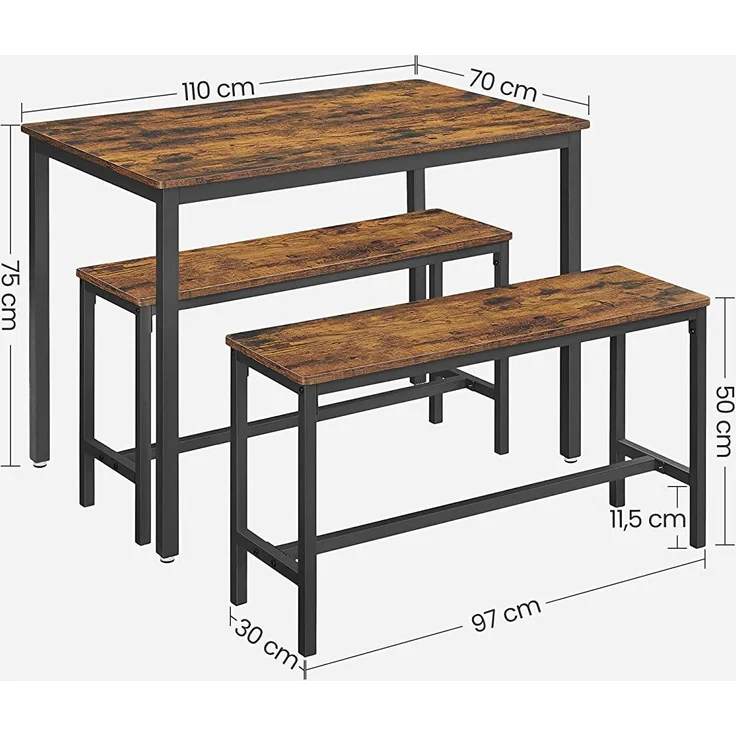 VASAGLE Esstisch, Küchentisch-Set, 110 x 70 x 75 cm, mit 2 Bänken je 97 x 30 x 50 cm, Metallgestell, für Küche, Wohnzimmer, Esszimmer, Industrie-Desig [KDT070B01] – Bild 4