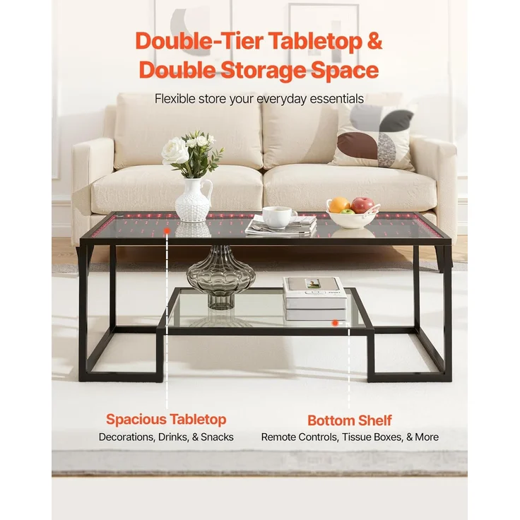 VEVOR Couchtisch Beistelltisch aus gehärtetem Glas mit Beleuchtung, rechteckiger Glastisch mit Zwei Ebenen & offenem Stauraum, Kaffeetisch aus Metall für Wohnzimmer Büro 100 x 51 x 48 cm Schwarz – Bild 5