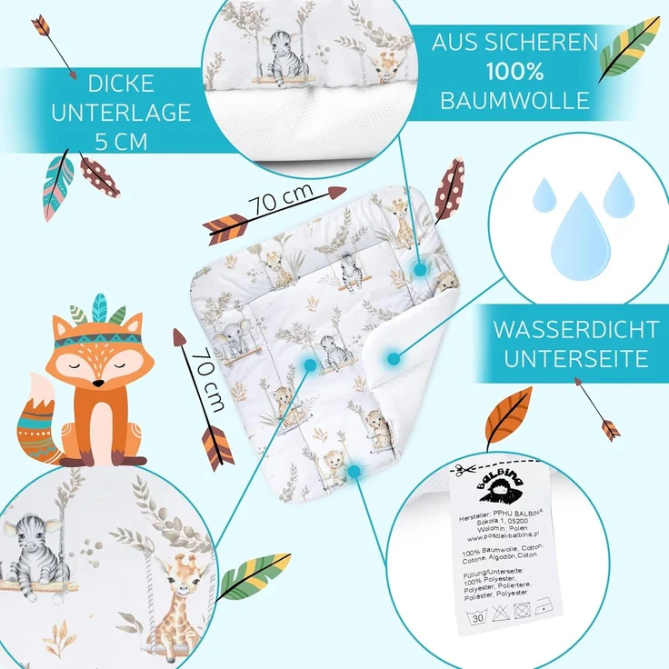 Balbina® Wickelunterlage aus Baumwolle weiche Wickeltischauflage für Wickelkommoden waschbar 70x70 I Safari – Bild 3