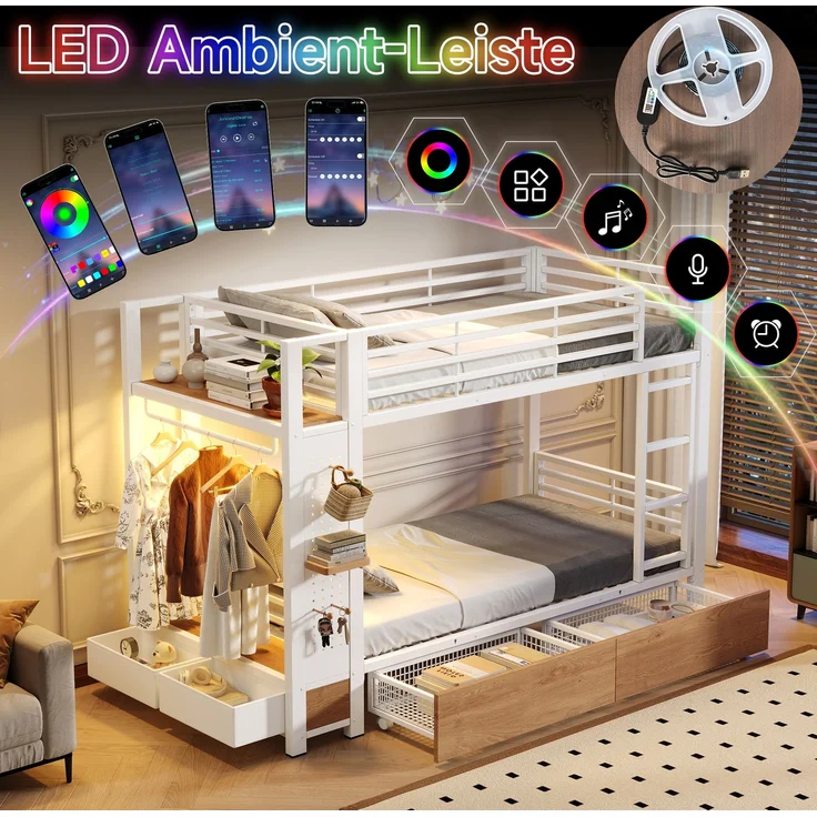 Etagenbett,,90x 200 cm,,Eisenrahmen,4 Schubladen, mehrere Ablageflächen,,mit LED-Lichtleiste,,mit Kleiderstange,Matratze nicht im Lieferumfang enthalten,EN747-zertifiziert,Weiß – Bild 6