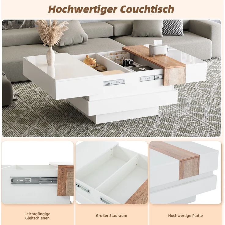 Couchtisch Hochglanz Weiß ausziehbar, 70x70x39 cm, mit Staufächern – Bild 5