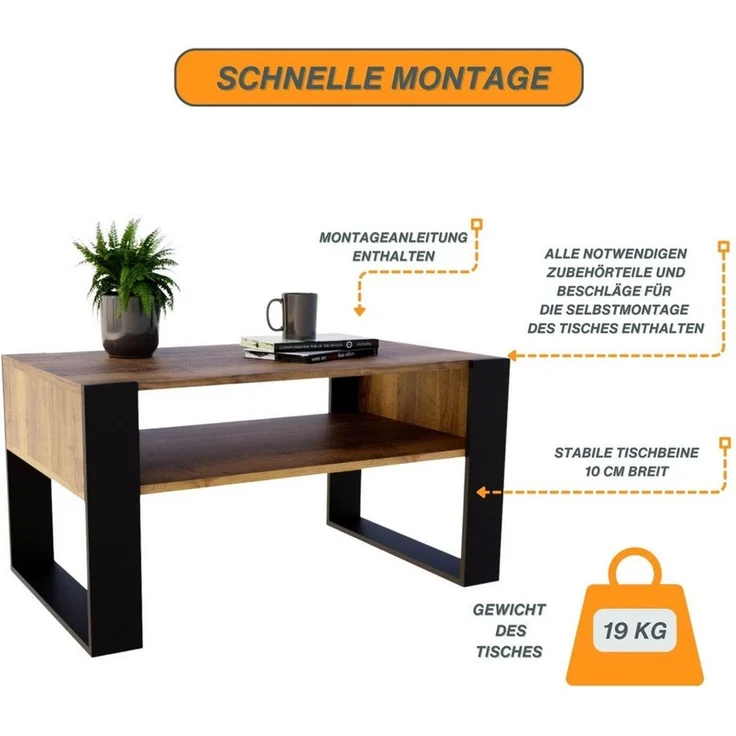 CraftPAK Couchtisch Wohnzimmer Tisch für Couch - mit zusätzlicher Ablagefläche – Bild 4