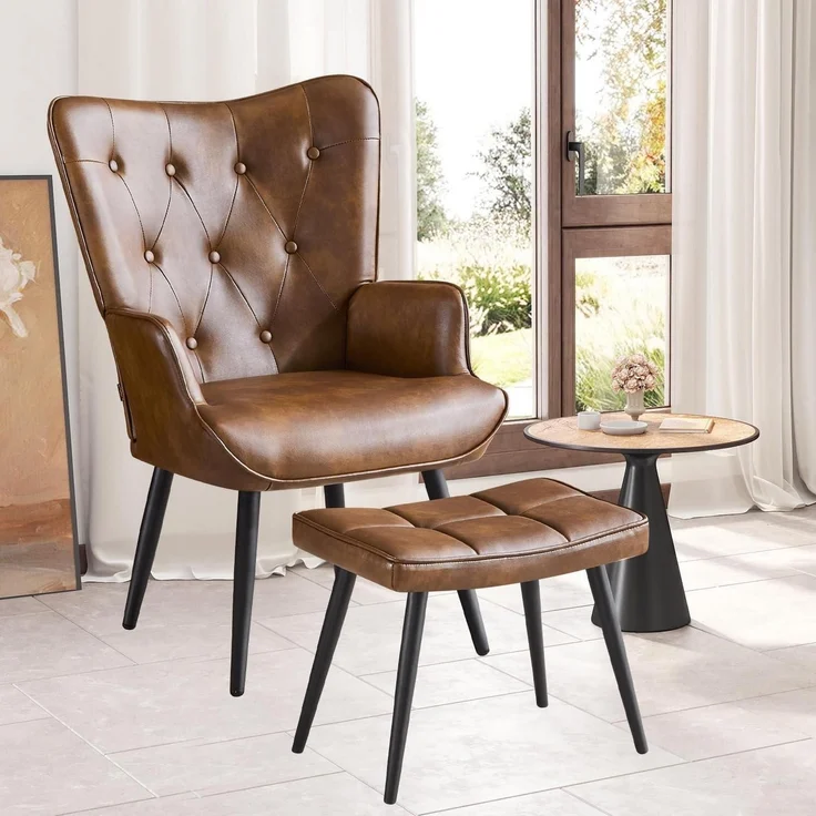 Sessel Ohrensessel Hocker PU Kunstleder Fußstütze mit Hocker Braun – Bild 1
