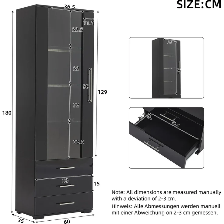 DESVIAE Vitrine aus MDF, Schwarz, 60x180x35 cm, mit 3 Schubladen und LED-Beleuchtung – Bild 10
