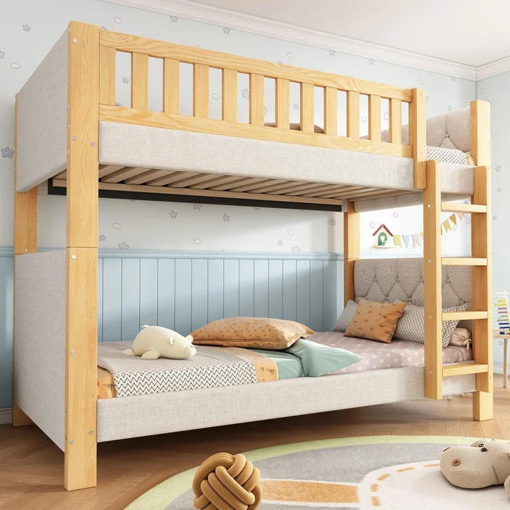 Etagenbett mit 2 Schlafgelegenheiten, 90x200cm, Kopfteil gepolstert, Kinderbett mit Leiter und Lattenost, Massivholz – Bild 2