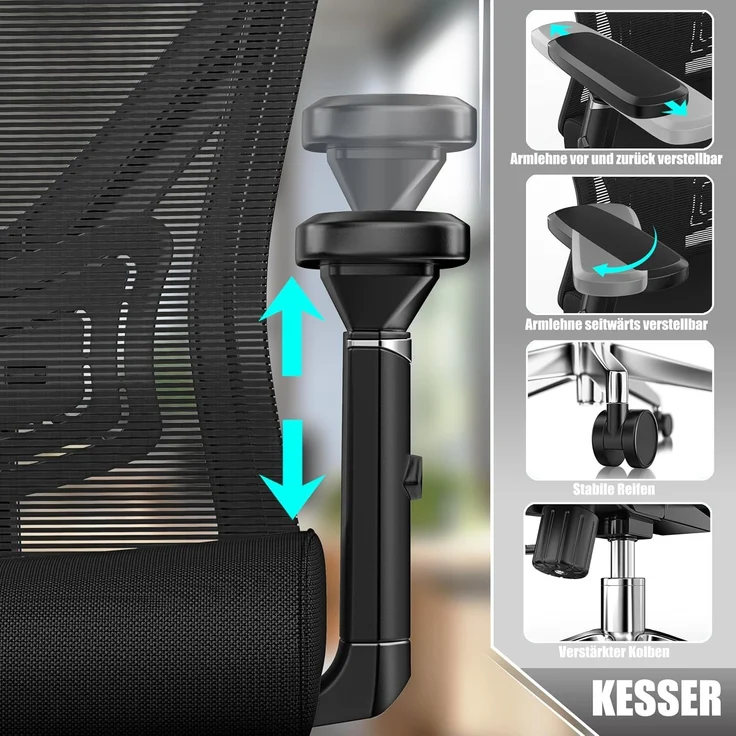 KESSER® Bürostuhl mit verstellbaren Armlehnen | Drehstuhl mit Lendenwirbelstütze Rückenschonend | Schreibtischstuhl ergonomisch mit Kopfstütze | Office Chair Wippfunktion bis 125° mit 5x Gummirollen Schwarz / Silber – Bild 5