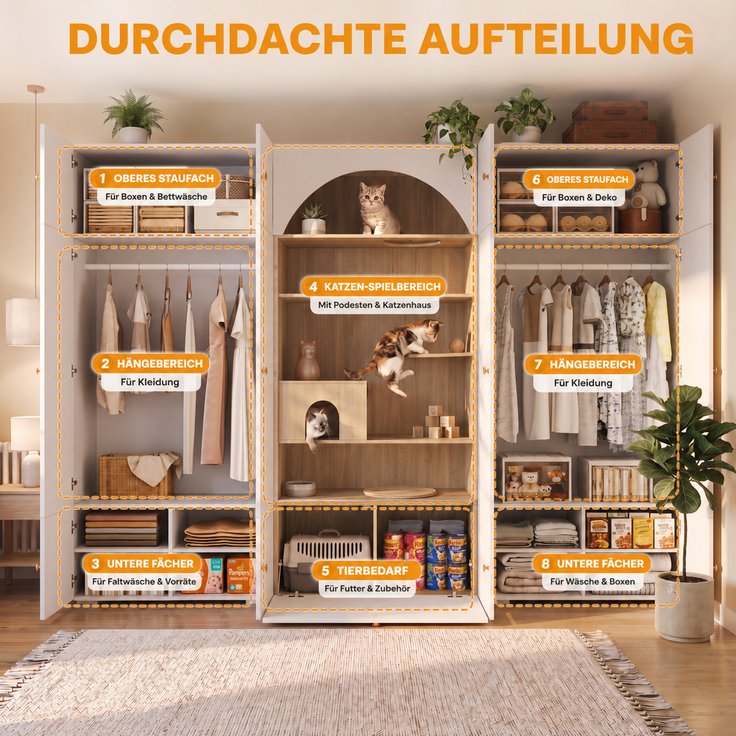 Kleiderschrank 270 x 50 x 200 cm in Weiß und Holzoptik mit Katzenkletterwand und Kleiderstange – Bild 8