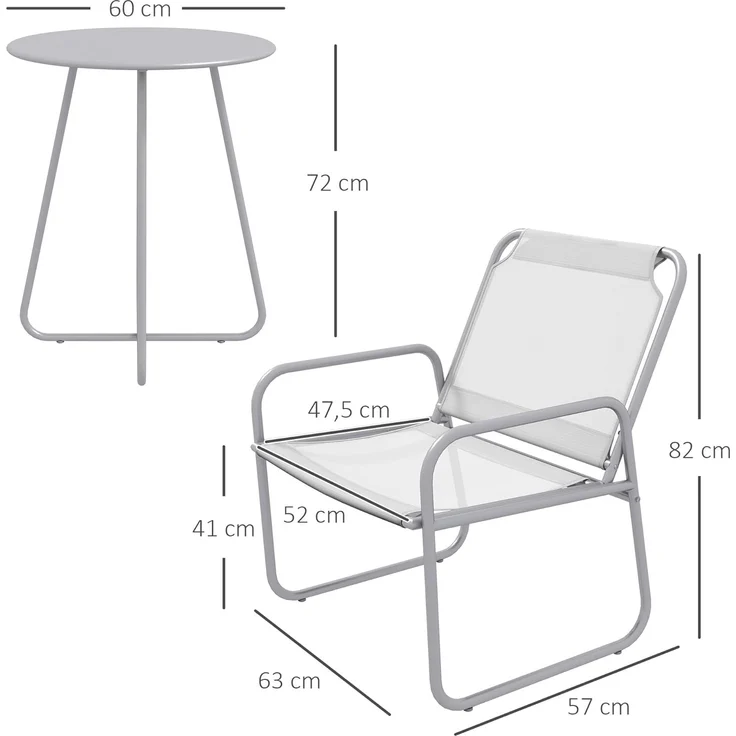 Outsunny 3tlg. Bistro-Set, Balkonmöbel-Set inkl. 1 Tisch, 2 Stühlen, Gartenmöbel-Set, Gartensitzgruppe für Garten, Terrasse, Mesh, Hellgrau – Bild 7
