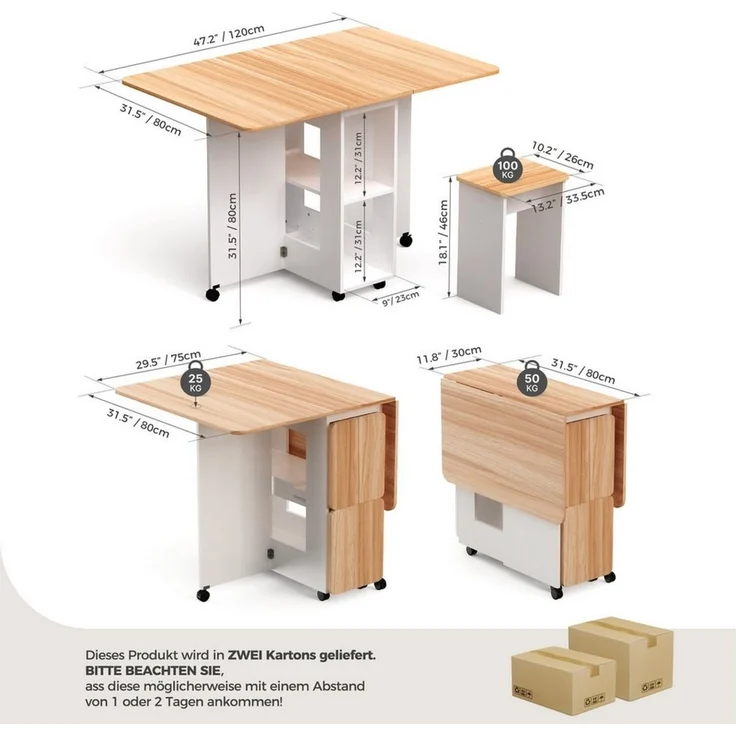 Mondeer Essgruppe Esstisch mit 4 Hockern, Platzsparend, 3-in-1-Funktion, Rollbar & Stabil 120x80 cm – Bild 3