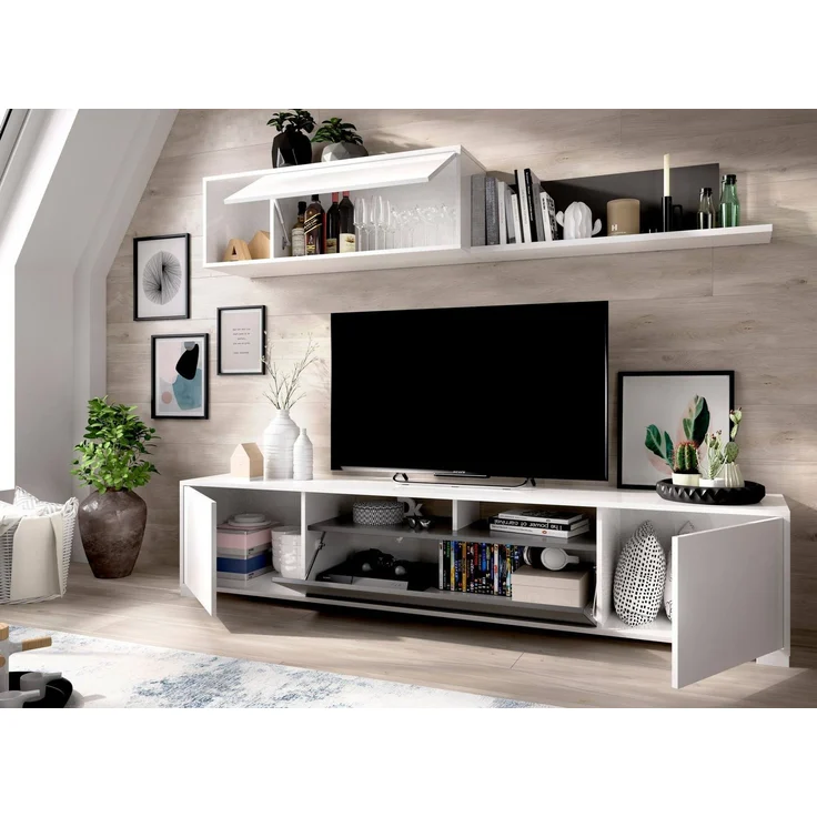 Dmora Abbete Wandsystem, TV-Ständer-Wohnzimmerset, Mehrzweck-Wohnzimmermöbel, 200x41h180 cm, Glänzendes Weiß und Anthrazit – Bild 4