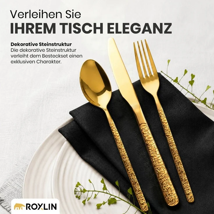 Roxlin Besteck-Set Roxlin Besteckset 30-tlg Stein Design Edelstahl, Gold/Schwarz/Silber, 6 Personen, Edelstahl – Bild 3
