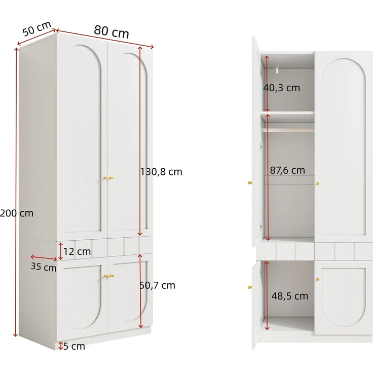 Kleiderschrank-Set, 2-türiger Kleiderschrank + Vitrine, Schlafzimmermöbel-Set, Schlafzimmer-Aufbewahrungsmöbel, Lack-Kleiderschrank + Aufbewahrungsschrank, Weißes Möbel-Set,80×50×200 cm,50×40×180 cm--Weiß--62.51x54x17.3cm--YOUDENOVA – Bild 7