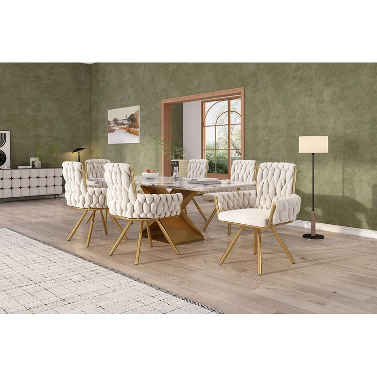 Merax Samt-Esszimmerstuhl, 6er set, Sessel, einzelner luxuriöser Wohn- und Schlafzimmer-Drehstuhl, Freizeit-Drehstuhl mit vier Stützbeinen aus Metall, beige – Bild 10