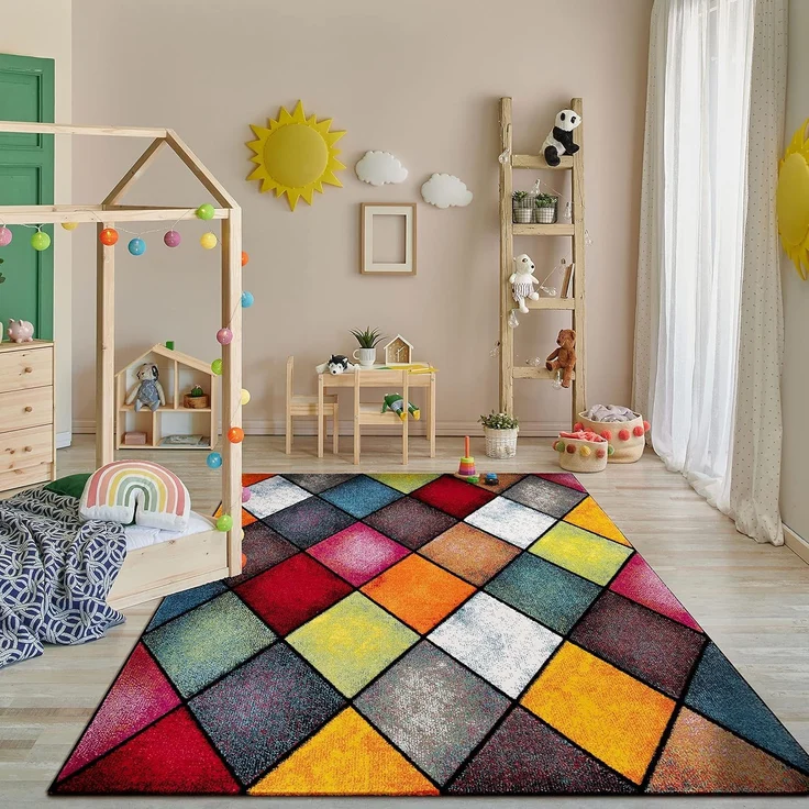Paco Home Teppich Wohnzimmer Kinderzimmer Kurzflor Moderne 3D Optik Kariert Geometrische Muster, Grösse:200x290 cm, Farbe:Bunt 3 – Bild 1