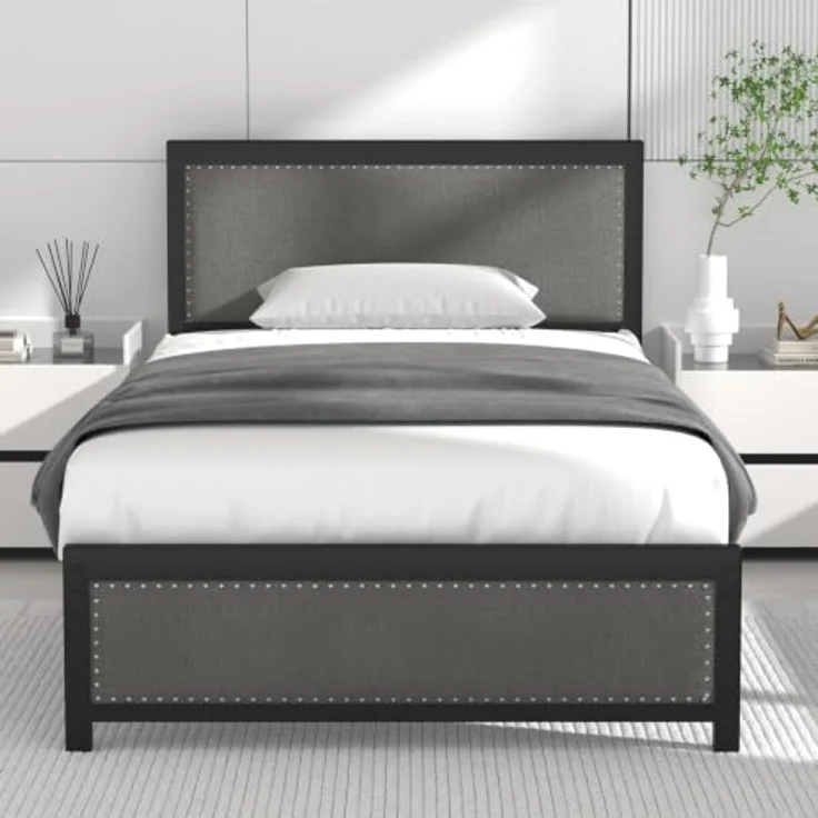 VECELO Polsterbett 90x200 cm, Einzelbett mit Leinen-Kopf- und Fußteil, Nietenakzente, Stabiles Bettgestell mit Lattenrost, 32 cm praktischem Stauraum, geräuscharm, einfache Montage, Grau – Bild 1