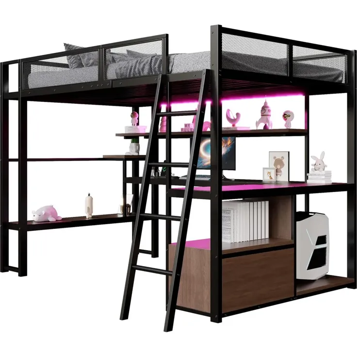 Hochbett mit Eckschreibtisch, LED-Streifen, PC-Ständer, Steckdose, USB, Rausfallschutz, Regal, Schrank, 140x200cm, Kinderbett, Jugendbett, Metallbett – Bild 4