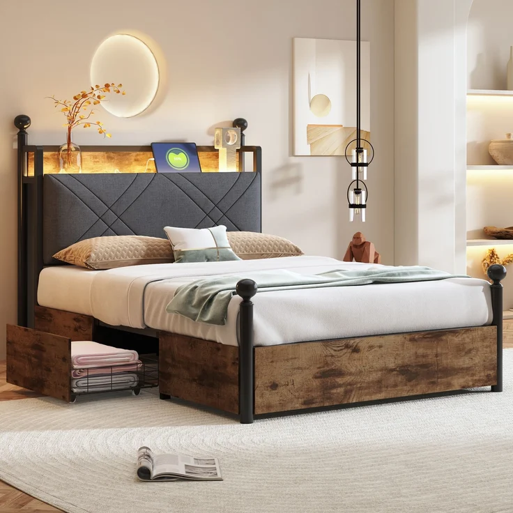 Himmelbett mit LED, USB-Anschluss & gepolstertem Kopfteil, 90x190 cm, Schwarz, ohne Matratze – Bild 4