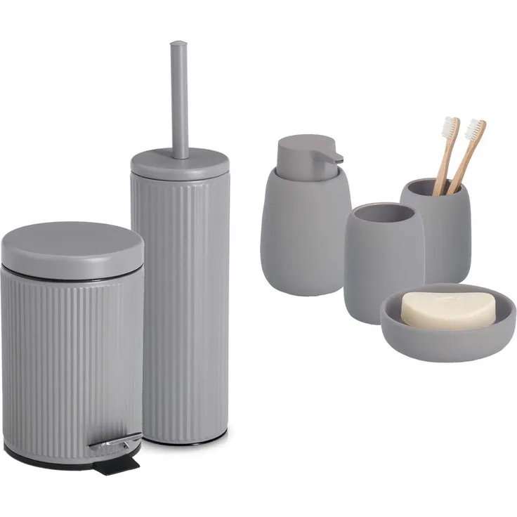 6-teiliges Badaccessoire-Set - Keramik, Grau
