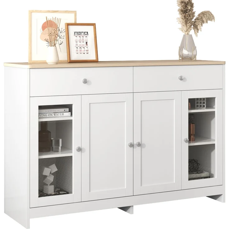 Sideboard 120×37×80 cm mit 2 Schubladen, 4 Türen, verstellbaren Regalböden, Holzoptik Kommode Buffetschrank Weiß – Bild 8