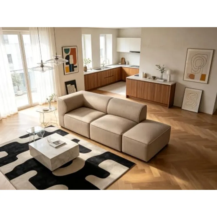 Tatyana Modulsofa Warm-Khaki mit Eckmodul, Sitzmodul & Fußhocker, Massivholzrahmen