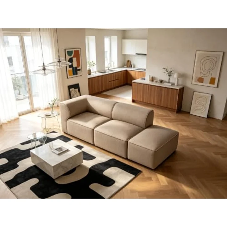 Tatyana Modulsofa Warm-Khaki mit Eckmodul, Sitzmodul & Fußhocker, Massivholzrahmen – Bild 1