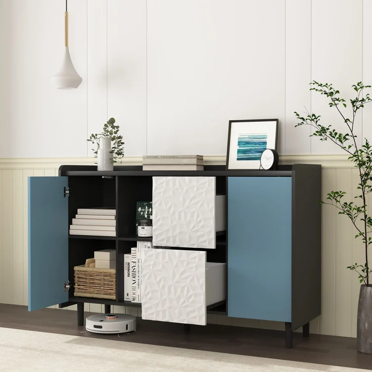 Schwarzes Sideboard-Buffetschrank mit blauen Türen – 2 Schubladen und offener Stauraum für Küche und Wohnzimmer – Bild 5