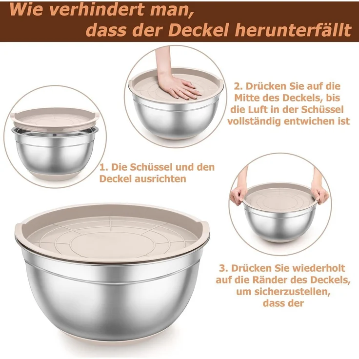 TEAMFAR Rührschüssel Set Edelstahl Salatschüssel Luftdichten Deckel Silikonboden – Bild 5