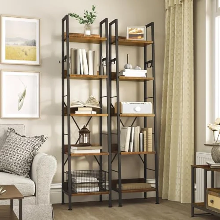 YITAHOME Schmal Bücherregal mit 5 Ebenen 35 cm Breit, Industrielles Leiterregal Standregal Holzregale und Metallrahmen, Modernes Regal für Wohnzimmer, Büro, Rustikales Braun – Bild 7