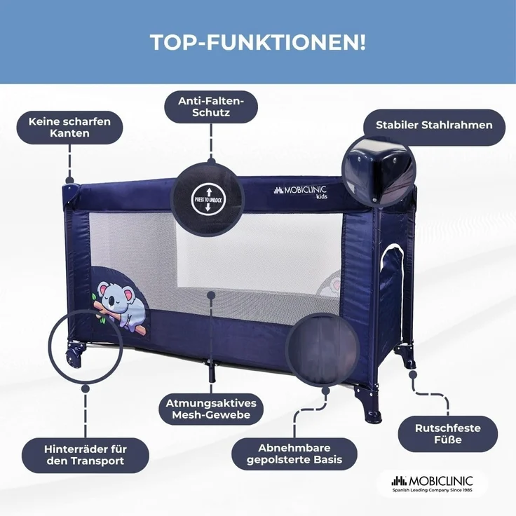 Mobiclinic®, Reisebett, Tragetasche, 2 in 1, Ultrakompakt faltbar, Herausnehmbare matratze, Mofli, Bis zu 15kg, Atmungsaktives gewebe, Seiteneingang mit reißverschluss, Baby laufstall (dunkelblau) – Bild 4