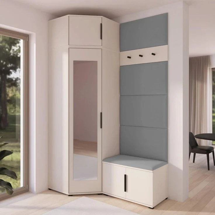 Garderoben-Set Napoli Version 18: Eckschrank mit Polsterpaneelen, Schuhschrank Flur und Eingangsbereich (Cashmere/Trinity 14), 225 x 70 x 140 cm – Bild 7