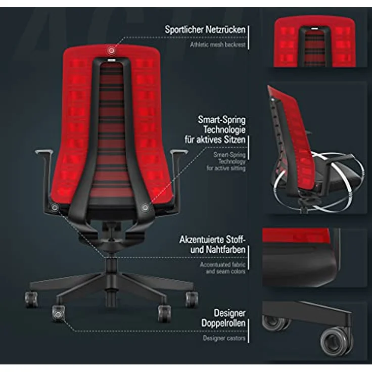 Interstuhl Bürostuhl Pure Active Edition, ergonomischer Drehstuhl mit Smart-Spring Technologie, 1D-Armlehne, Rot | Schwarz, Made in Germany – Bild 4