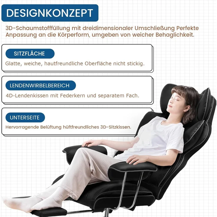 GTPLAYER Gaming Stuhl, Gamer Stuhl, Ergonomischer Bürostuhl mit Fußstütze, Kunstleder, Federsitzkissen, Gaming Chair Gepolstert, Gaming Sessel 180kg Belastbarkeit schwarz – Bild 7