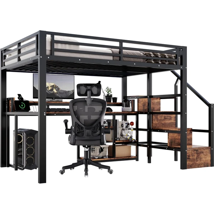 Hochbett, 140 x 200 cm, Metallbettgestell, Leiterschrank, Ablagefach, USB + Typ-C, LED-Lichtleiste, Ohne Matratze, Schwarz – Bild 5