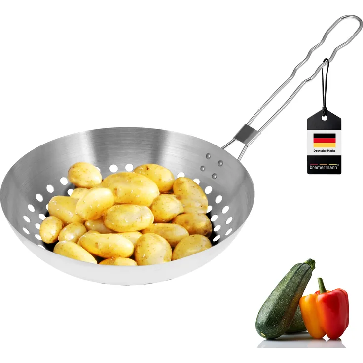 Grillpfanne rund // mit Klapp-Griff // Edelstahl ca. Ø 28 x 6,5 x 52 cm // Grillkorb Grillwok