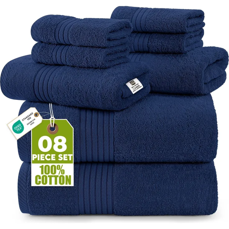 Utopia Towels 8-teiliges Handtücher aus 100% Baumwolle, weich und saugfähig für den täglichen Gebrauch, 2 Badetücher 69x137 cm, 2 Handtüchern 41x71 cm, 4 Waschlappen 30x30 cm (Marine Blau)