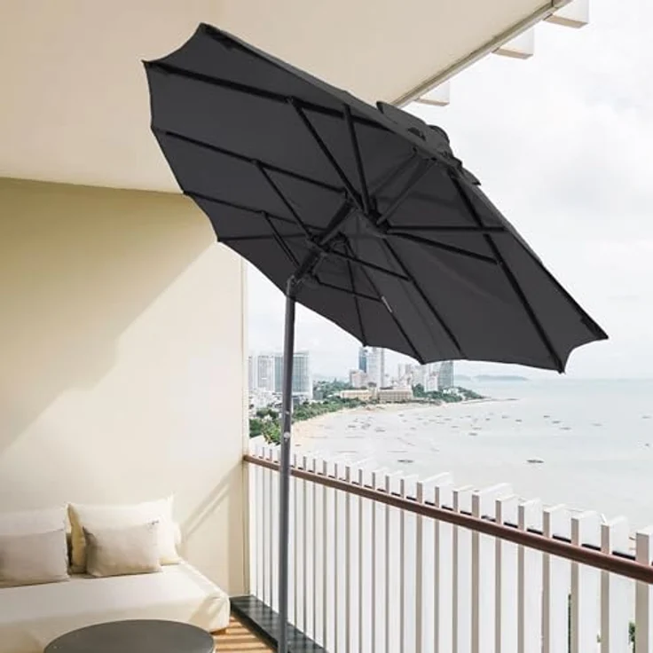 Spetebo Sonnenschirm Doppel Sonnenschirm 300 x 150 cm - anthrazit, LxB: 300.00x150.00 cm, Packung, mit Handkurbel, Drei Kuppel Sonnenschutz Gartenschirm – Bild 5