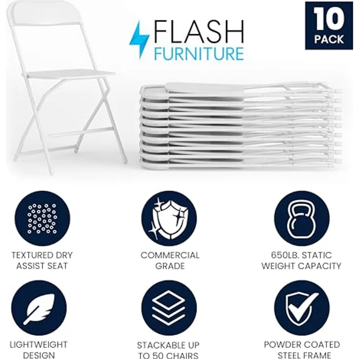 Flash Furniture Klappstuhl HERCULES aus Kunststoff – Leichter Stuhl zum Klappen für Gäste oder Veranstaltungen – Praktischer Küchenstuhl auch für draußen geeignet – 10er-Set – Weiß – Bild 5