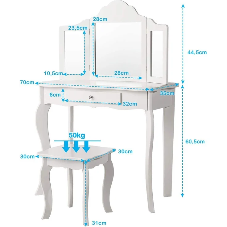 COSTWAY Kinder Schminktisch mit Hocker und Abnehmbarer Spiegel, Maedchen Frisiertisch Holz, Kindertisch mit Schublade, Spiegeltisch 70x34x103cm Weiss – Bild 5
