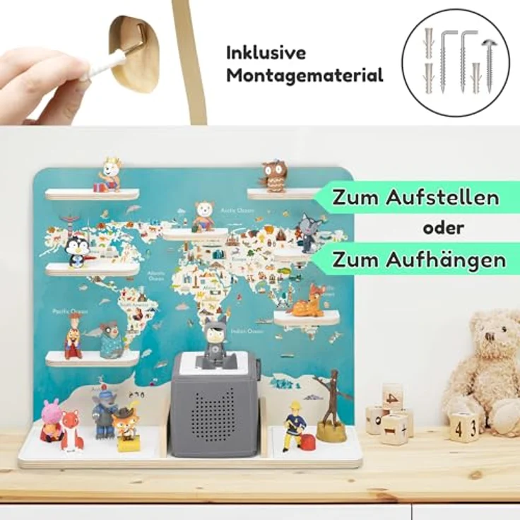 stadtecken Holzregal für Musikbox I Geeignet für die Toniebox und ca. 50 Tonies I Perfekte Tonie Aufbewahrung im Kinderzimmer I Zum Aufstellen oder Aufhängen I Globus, groß – Bild 8