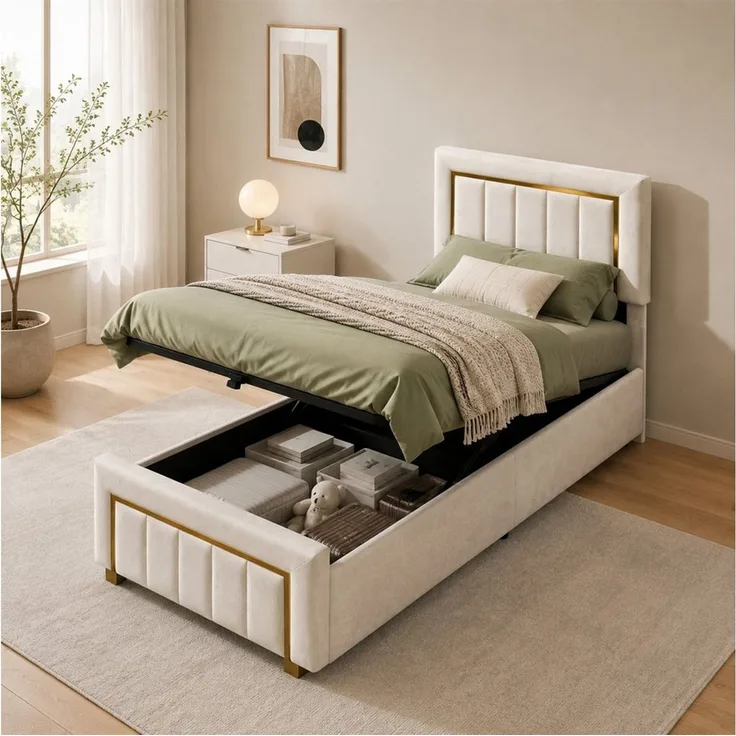 Simurq Stauraumbett Polsterbett 90x200 mit Bettkasten, Einzelbett für Schlafzimmer, Samtoptik Bett mit hydraulischem Stauraum, gepolstertes Kopftei