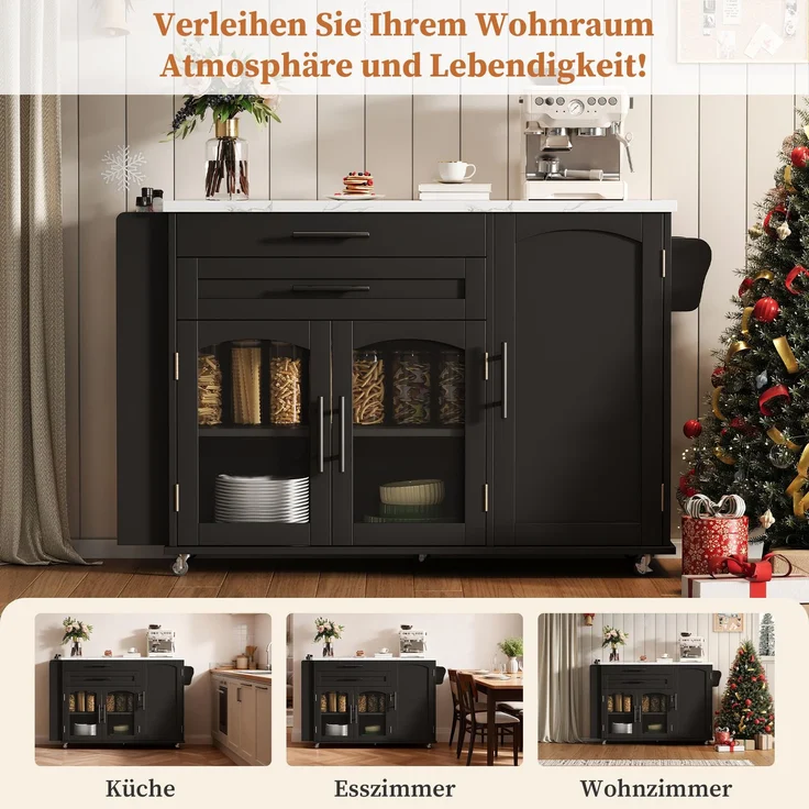 Merax 138cm Mobiler Kücheninsel mit klappbarem Arbeitsbereich, Küchenwagen, 5 Rädern, mehreren Aufbewahrungslösungen, Gewürzregal, Besteckschublade, Schwarz – Bild 5