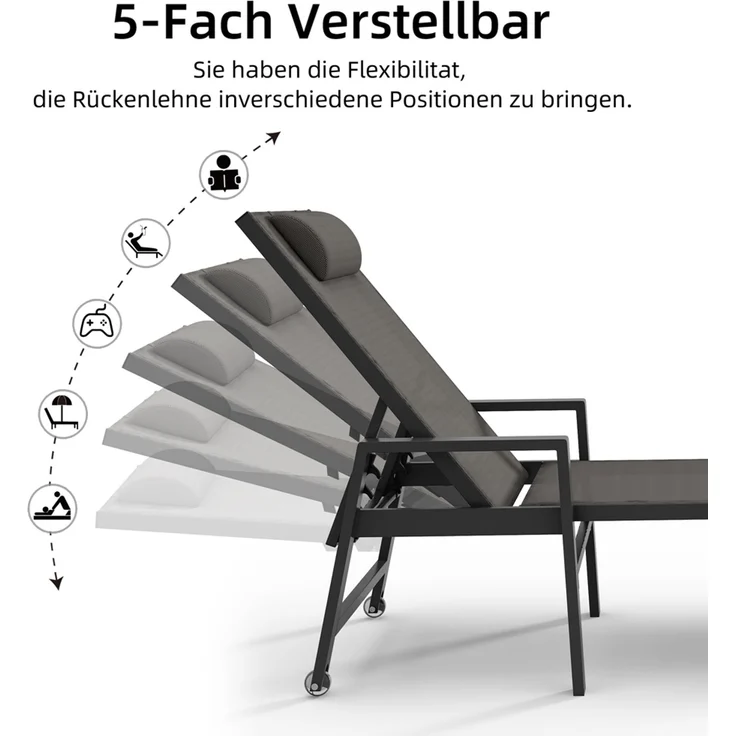 Mucola 2x Sonnenliege Aluminium Gartenliege 200KG & Rollen wetterfest Relaxliege Anthrazit Teslin Klappliege Camping – Bild 4