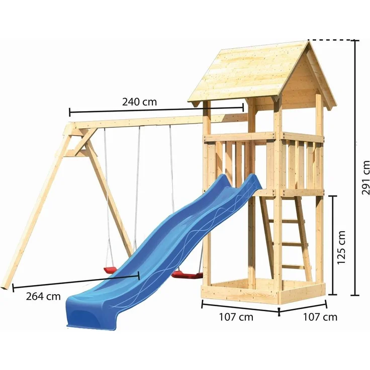 Karibu Kinderspielturm Lotti Satteldach Set naturbelassen mit Doppelschaukel ECO und Rutsche blau – Bild 7