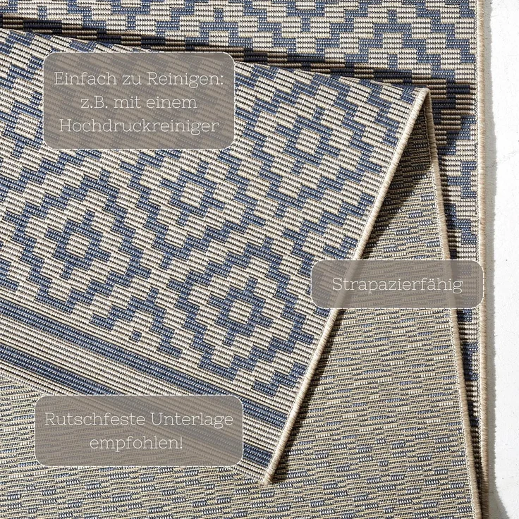 In- & Outdoor Teppich Raute blau/creme - 160x230x0,8cm – Bild 5