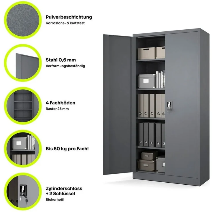 Muralo Aktenschrank Metallschrank für Dokumente, Doppeltür mit Schloss, ideal für Büro (1-St, 50 kg Traglast, 185×90×40 cm) Zwei Schlüssel, Doppeltür, passt 50 Ordner, 4 verstellbare Regale – Bild 4