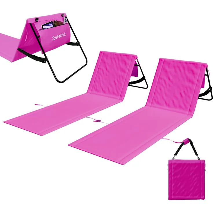 24MOVE Strandmatten Natal 2er Set mit Rückenlehne, rosa, 180 x 54 cm | 2 klappbare Strandliegen mit verstellbarer Rückenlehne, je 120 x 54 cm Liegefläche, Tragegurt und Reißverschlusstasche